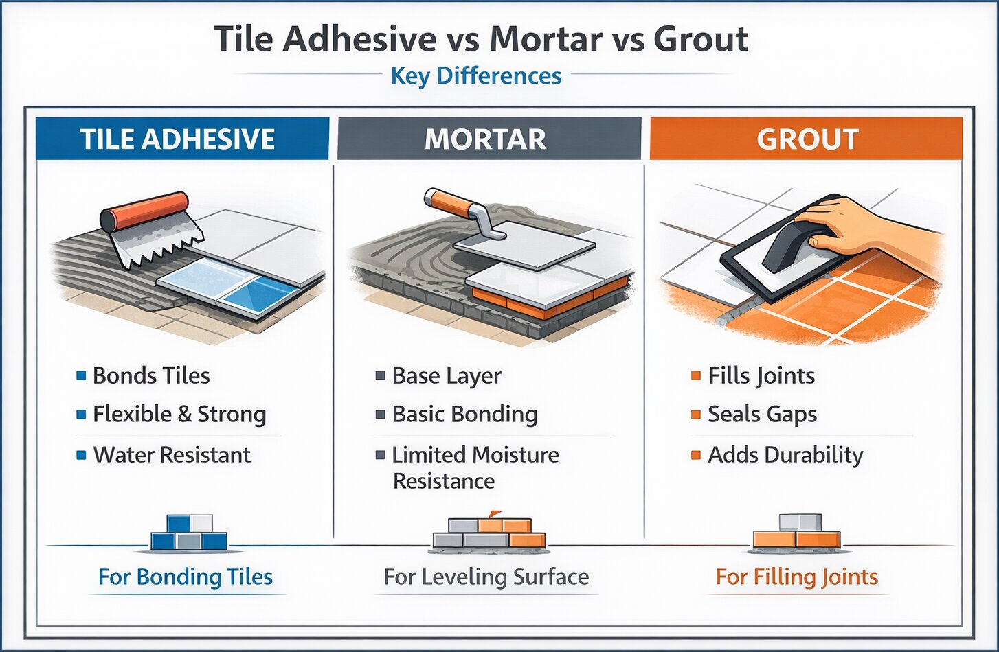 Tile Adhesive vs Mortar vs Grout (Major Differences)