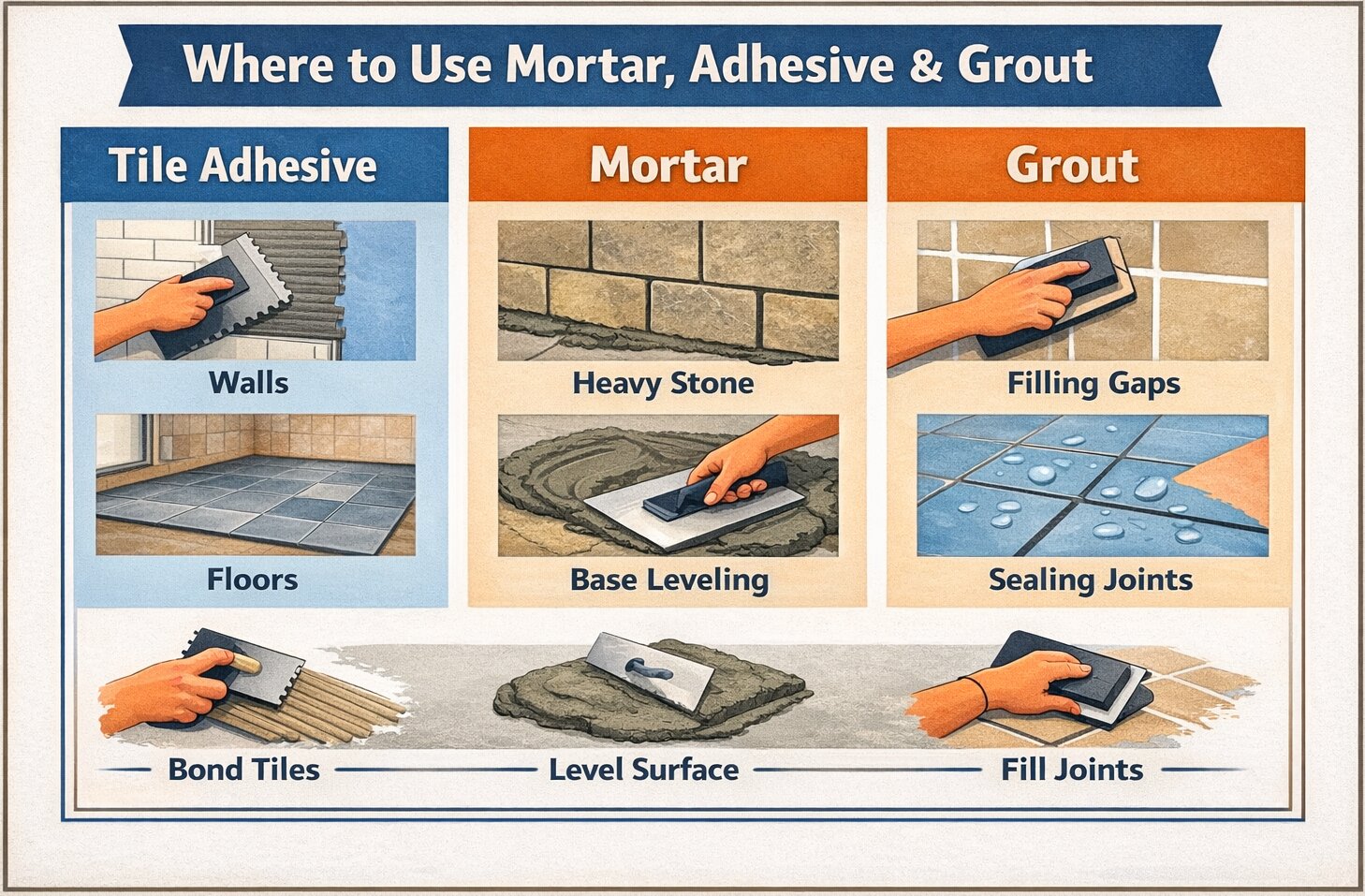 Where Should Mortar, Adhesive, and Grout Be Used